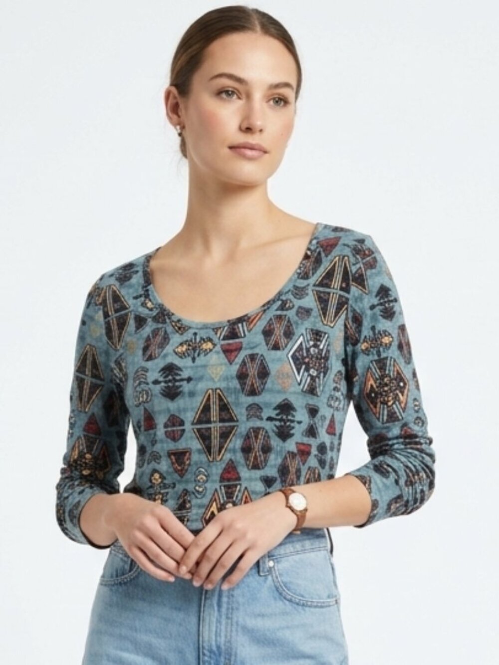 LuLaRoe Tee Top Blue Aztec Southwestern Boho Casual M NWT